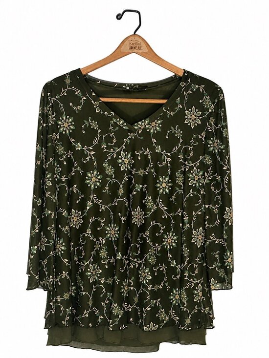 Timeson Tops - Timeson Womens Floral Green Chiffon Blouse 3/4 Sleeve L